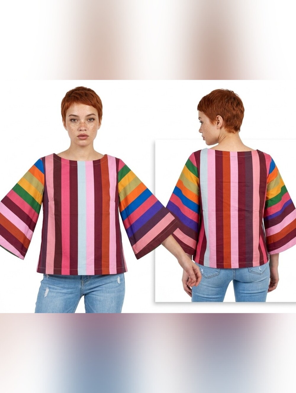 NWT Anthropologie Rainbow Stripe Bell Sleeve Top Boxy Boatneck Cotton Geisha